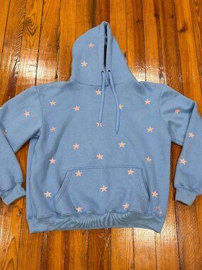 Steady Hands Embroidered Stars Hoodie Sweatshirt Blue/Pink Adult Size Large